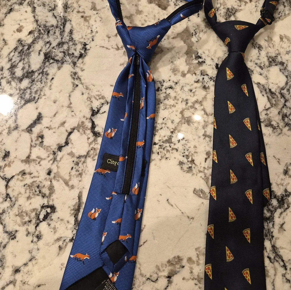 Lot of 2 BOYS Blue Fox and Navy Blue Pizza Novelty Ties